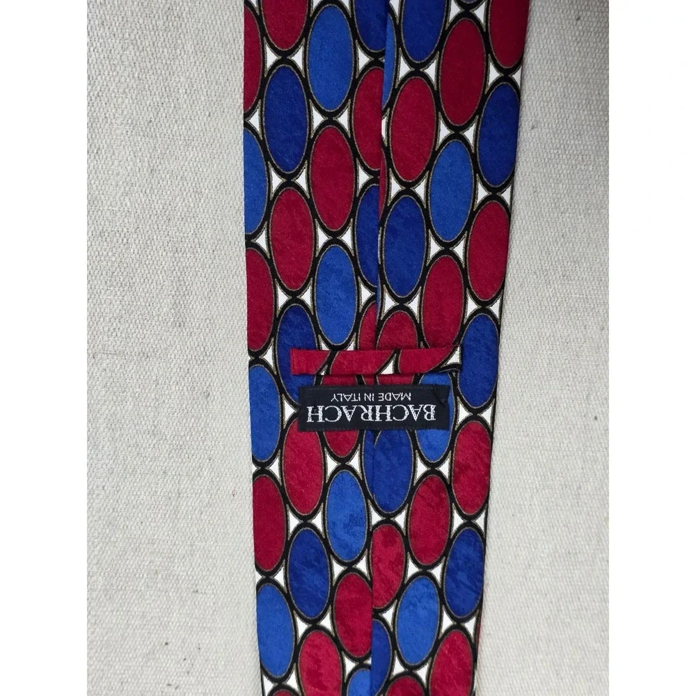Bachrach Mens Silk Necktie Blue‎ Red Geometric Oval Pattern Made in Italy